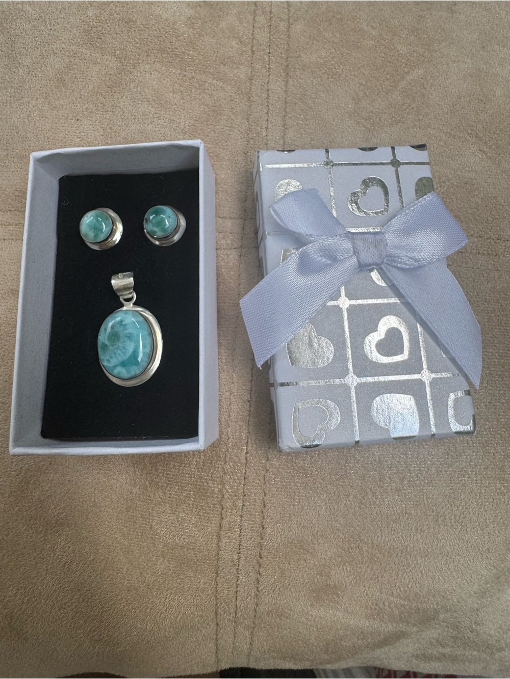 Silver Larimar Pendant and Stud Earrings Set - Blue